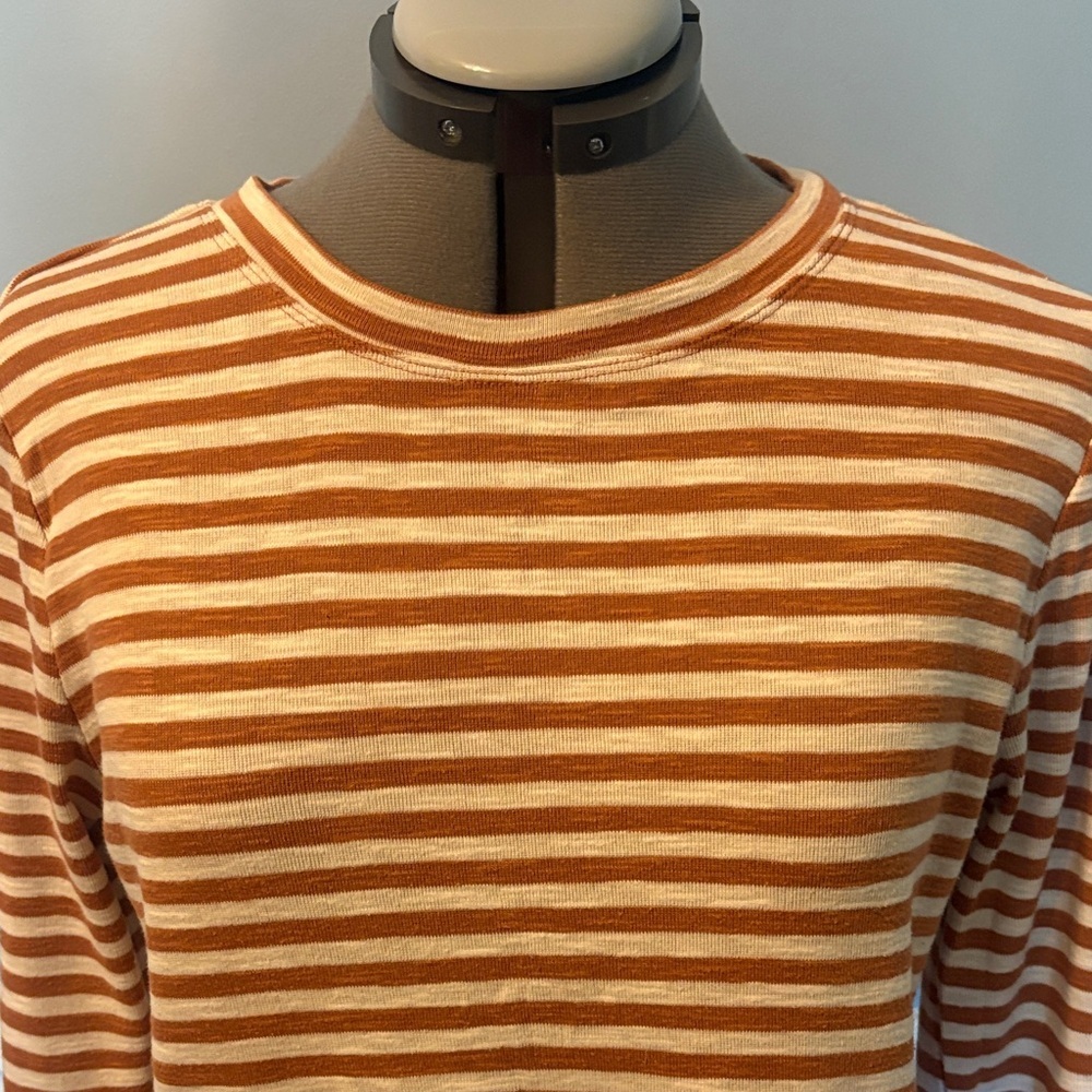 LOFT Brown and Cream Striped Knit Top with Lettuce Edge
